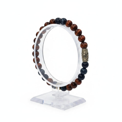 Ma boutique red tiger eye and blue obsidian beaded bracelet with silver-tone accent bead.