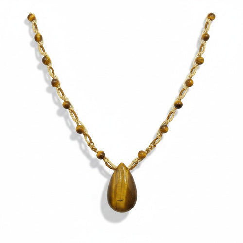 Ma boutique teardrop tiger's eye pendant necklace with braided cord and small tiger's eye beads.